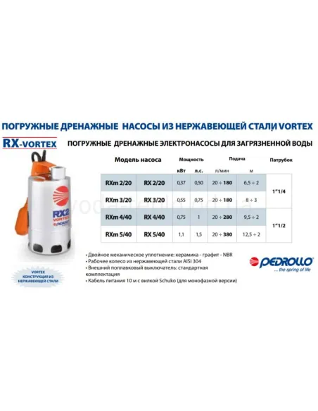 Дренажний насос Pedrollo RXm 3/20, 0.55 кВт, з вимикачем поплавця - 3