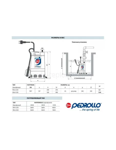 Дренажний насос Pedrollo RXm 3/20, 0.55 кВт, з вимикачем поплавця - 6
