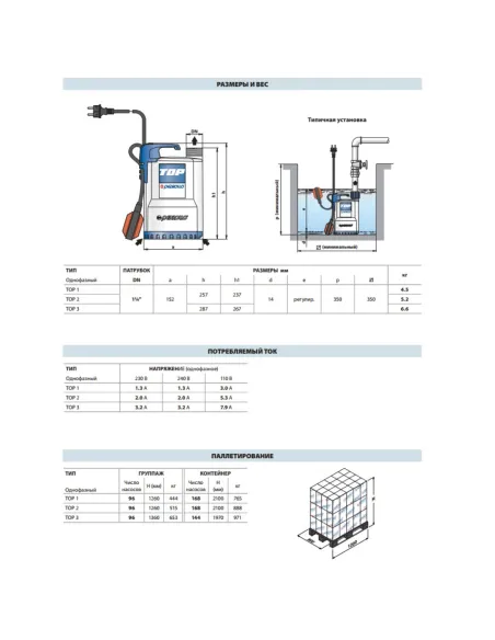 Дренажний насос Pedrollo TOP 5 N, 0.92 кВт, з вимикачем поплавця - 3