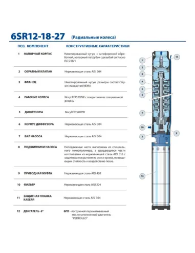 Центробежный глубинный насос Pedrollo 6SR 44/11 15 кВт, кабель 4 метра - 3