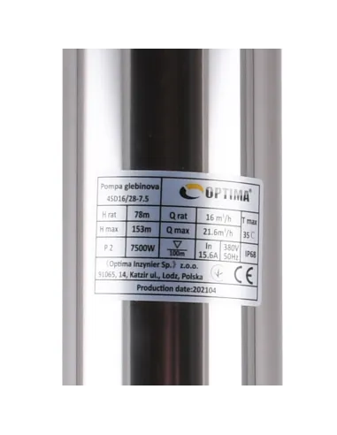 Промышленный глубинный насос Optima 4SD16/28, 7.5 кВт, кабель 15 метров, трехфазный - 2
