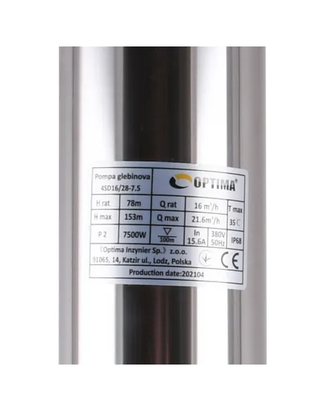 Промышленный глубинный насос Optima 4SD16/28, 7.5 кВт, кабель 15 метров, трехфазный - 2