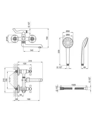 Змішувач для ванни двовентильний Lidz CRM 75 21 142 з душовим набором. - 2