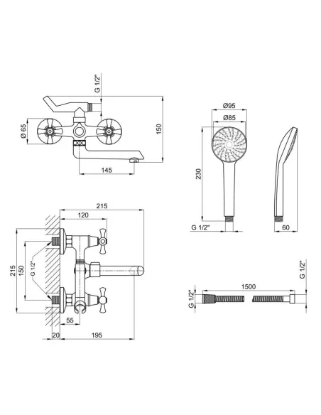 Змішувач для ванни двовентильний Lidz CRM 75 21 142 з душовим набором. - 2