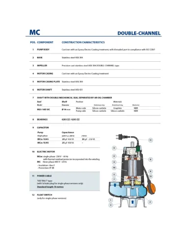Фекальный насос Pedrollo MCm 15/45, 1.1 кВт, без режущего механизма - 3