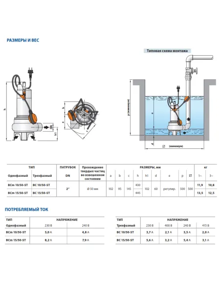 Фекальний насос Pedrollo BCm 15/50-ST, 1.1 кВт, без різального механізму - 3