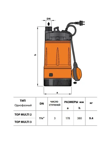 Дренажний насос Pedrollo TOP Multi 3, 0.55 кВт, з вимикачем поплавця - 2