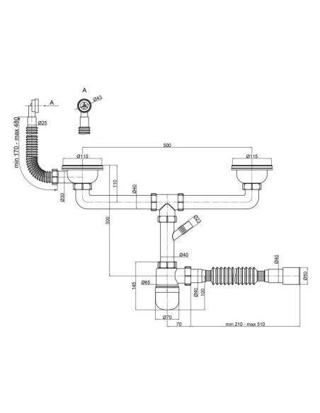 Сифон для кухонной мойки двойной Lidz ECO WHI 60 08 E001 02, 756 мм - 2