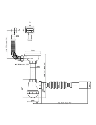Сифон для кухонного миття Lidz EURO WHI 60 05 M001 01, 756 мм - 2