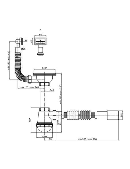 Сифон для кухонного миття Lidz EURO WHI 60 05 M001 01, 756 мм - 2